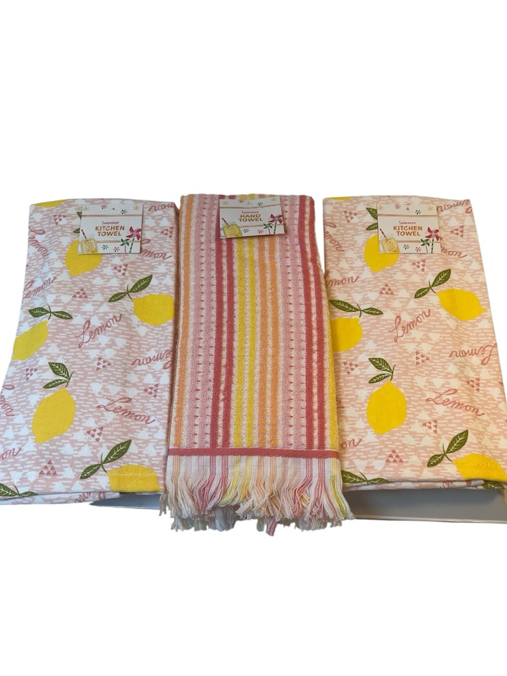 Decorative Striped Towel & Pink & Yellow Kitchen Towels Featuring Lemons-NWT